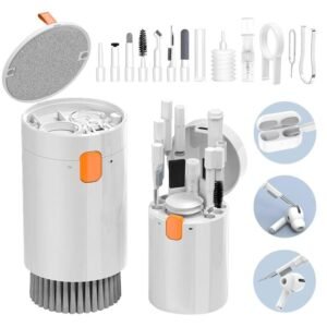 20-in-1 multifunctional electronic cleaning brush kit with tools for earbuds, keyboards, AirPods, and electronics in a compact cylindrical case.