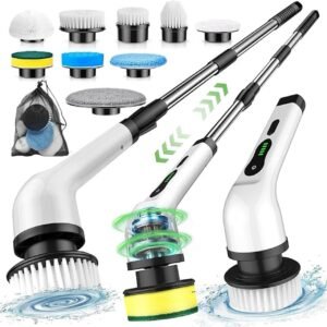 9-in-1 cordless electric spin scrubber with interchangeable brush heads, extendable handle, and waterproof design for versatile home cleaning