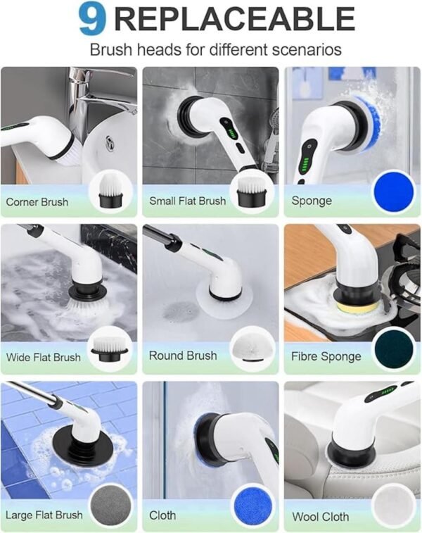 9-in-1 Cordless Electric Spin Scrubber with Adjustable Handle & 9 Brush Heads - Image 5