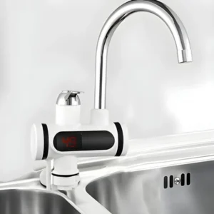 Instant electric water heater faucet installed on a kitchen sink