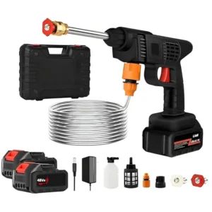 Cordless high-pressure car washer kit with spray gun, 48V batteries, nozzles, hose, foam bottle, and accessories.