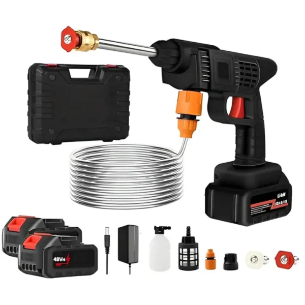 Cordless high-pressure car washer kit with spray gun, 48V batteries, nozzles, hose, foam bottle, and accessories.