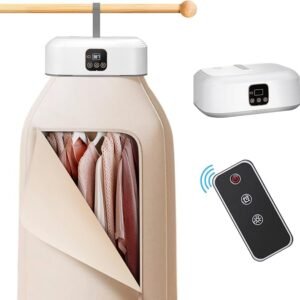 Foldable portable electric clothes dryer machine with digital display and remote control, ideal for indoor garment drying.
