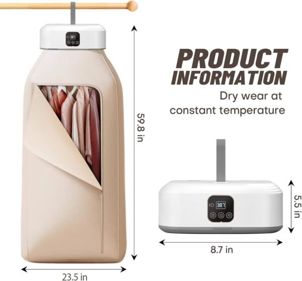 A foldable electric clothes dryer with a beige fabric cover, digital control panel, and remote control – ideal for indoor garment drying.