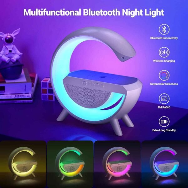 LED speaker with wireless charging and ambient lighting in various room settings