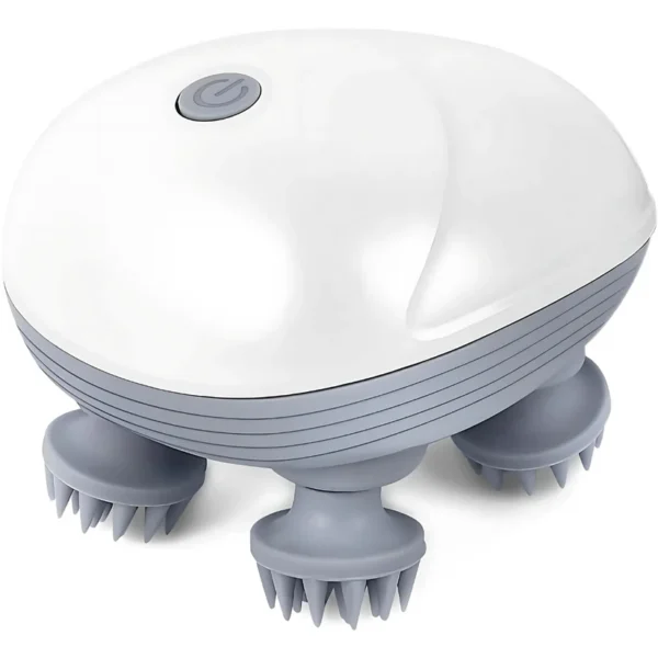 Electric smart scalp relaxation massager with four rotating silicone massage heads on a white background.