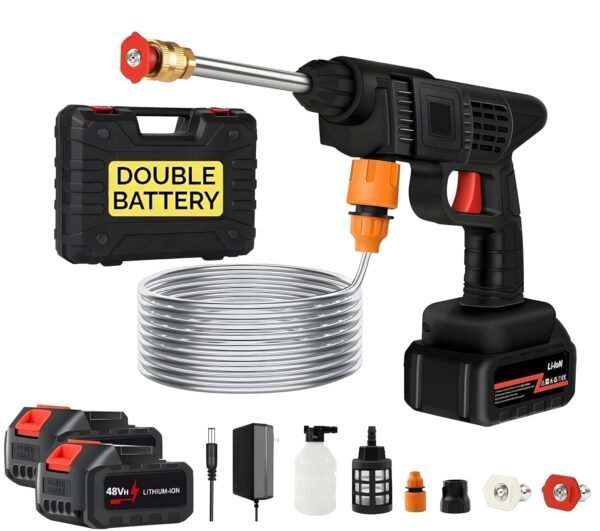 Portable cordless car washer kit with accessories including dual 48V batteries, hose, charger, nozzles, and foam bottle