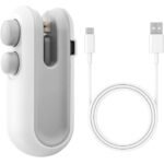 White portable mini heat sealing machine with USB Type-C charging cable, designed for sealing and cutting plastic food bags.