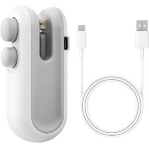 White portable mini heat sealing machine with USB Type-C charging cable, designed for sealing and cutting plastic food bags.
