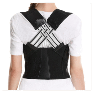 Adjustable black posture corrector belt with back brace support shown with a woman experiencing upper back pain.