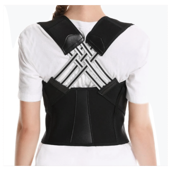 Adjustable black posture corrector belt with back brace support shown with a woman experiencing upper back pain.