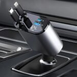 4-in-1 retractable pocket car charger with USB-C and Lightning cables, USB ports, and digital LED voltage display.