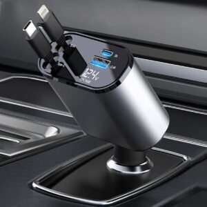 4-in-1 retractable pocket car charger with USB-C and Lightning cables, USB ports, and digital LED voltage display.