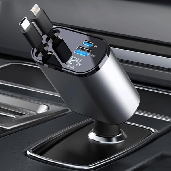 4-in-1 retractable pocket car charger with USB-C and Lightning cables, USB ports, and digital LED voltage display.
