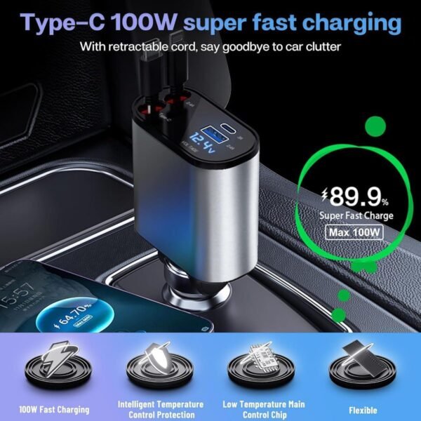 4-in-1 Retractable Pocket Car Charger – Super Fast Charging with USB-C & Lightning Support - Image 3