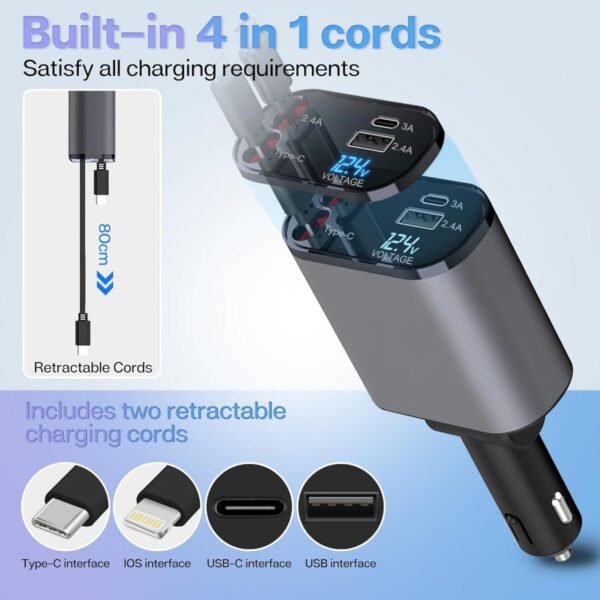 4-in-1 Retractable Pocket Car Charger – Super Fast Charging with USB-C & Lightning Support - Image 5