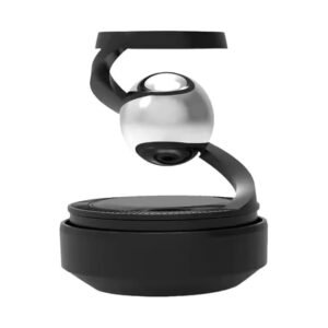 Solar-powered rotating car air freshener with sleek metallic finish, mounted on a dashboard base.