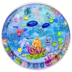 Round baby water play mat with sea-themed illustrations, dolphins, floating fish, and colorful marine animals for infant sensory play