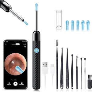 Smart ear wax remover with HD camera and LED light, includes accessories and smartphone connectivity.