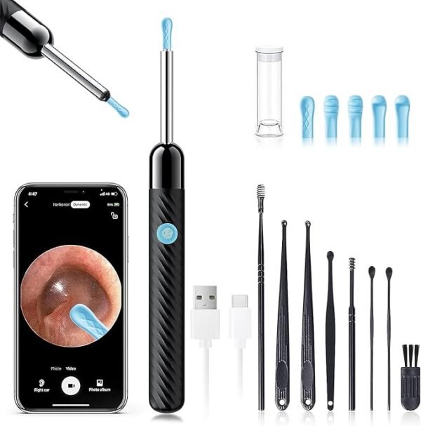 Smart ear wax remover with HD camera and LED light, includes accessories and smartphone connectivity.