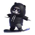 Cute panda figurine in a black hoodie and pixel sunglasses on a snowboard-style base, designed as a car dashboard bobblehead.