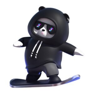 Cute panda figurine in a black hoodie and pixel sunglasses on a snowboard-style base, designed as a car dashboard bobblehead.
