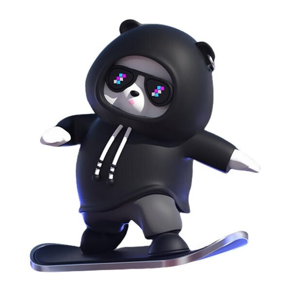 Cute panda figurine in a black hoodie and pixel sunglasses on a snowboard-style base, designed as a car dashboard bobblehead.