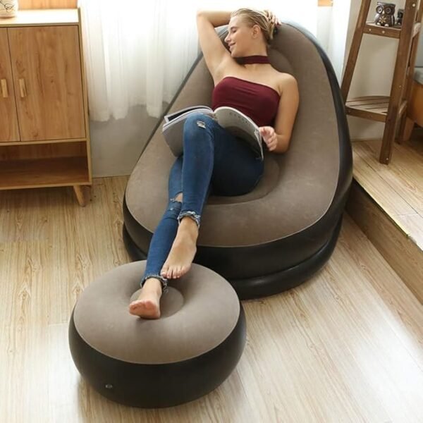 Portable blow-up lounge chair in home setting