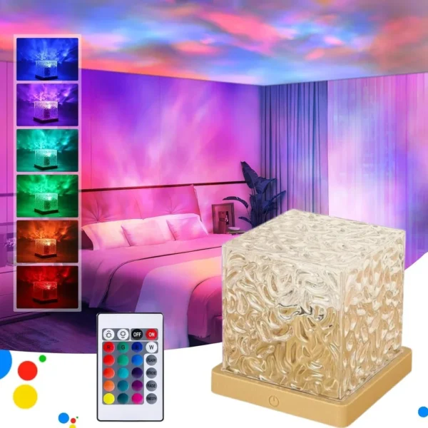 LED ocean wave projector table lamp with remote control, casting colorful light patterns on bedroom walls and ceiling.