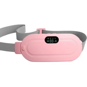 Portable cordless heating pad for menstrual cramps in pink color with digital display and USB charging cable.