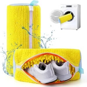 Reusable yellow shoe washing bag with soft chenille surface and invisible zipper, designed for machine use with sneakers.