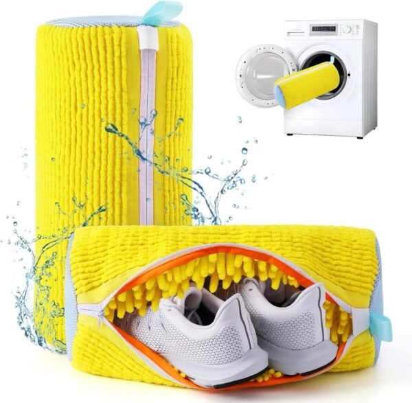 Reusable yellow shoe washing bag with soft chenille surface and invisible zipper, designed for machine use with sneakers.